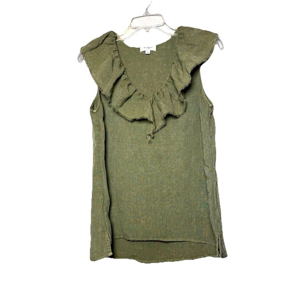 Umgee Boho Cottagecore Ruffle Blouse Olive Green Linen Look Sleeveless M Tank To - Picture 2 of 7